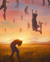 Illustration of man devastated as people around him go up to heaven