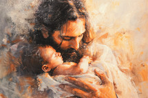 Jesus holding a newborn