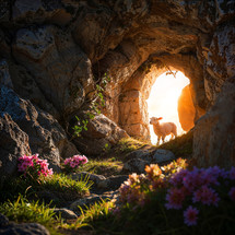 A lamb looks inside the empty tomb