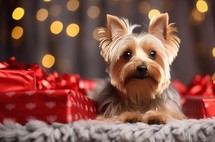 Australian Silky Terrier lying down with Christmas decorations in background