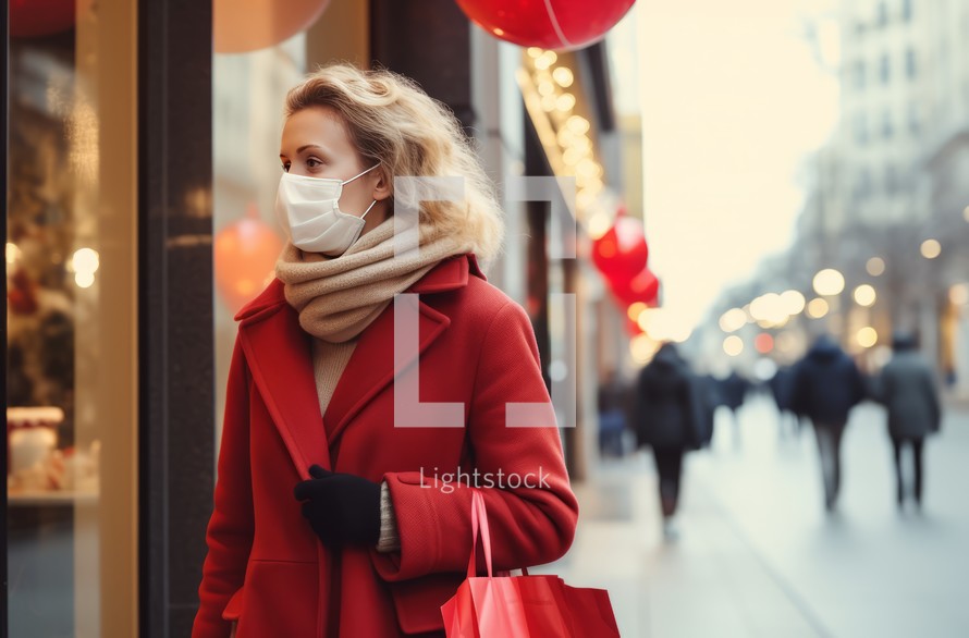 A сaucasian woman with a mask holds shopping bags on a street