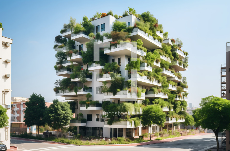 Urban building with terraced balconies filled with green plants and trees
