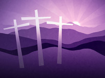 illustration of three crucifix at the hill with sunset