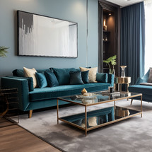 Sophisticated living space with a teal couch and golden coffee table