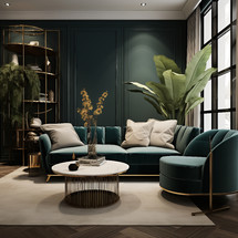Teal sofa in a contemporary living room with elegant gold shelves