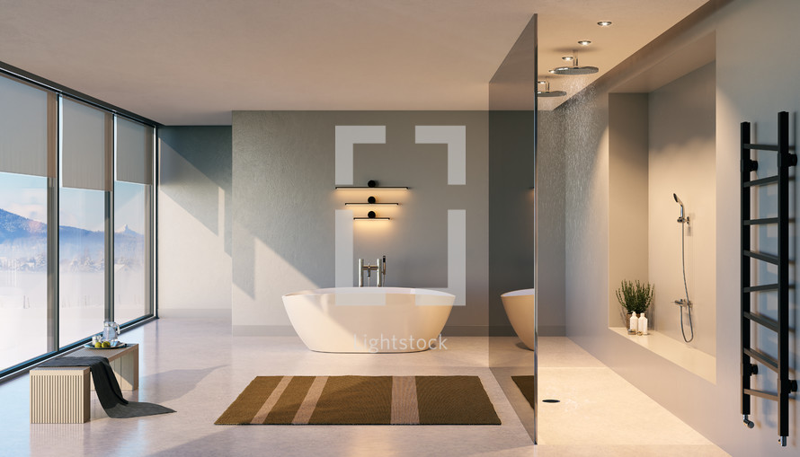 Interior architecture concept. Minimalist modern bathroom view of a winter landscape