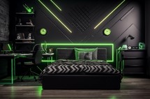 Stylish bedroom with geometric neon light patterns