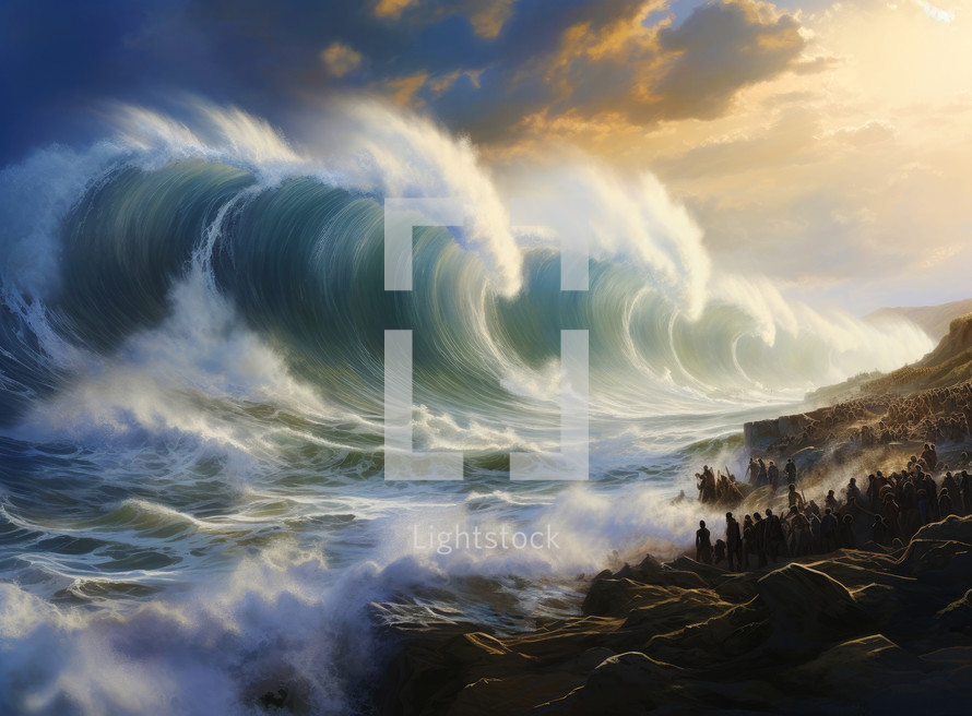 Deluge, great flood. A huge wave hits the shore. Illustration. Biblical Scene