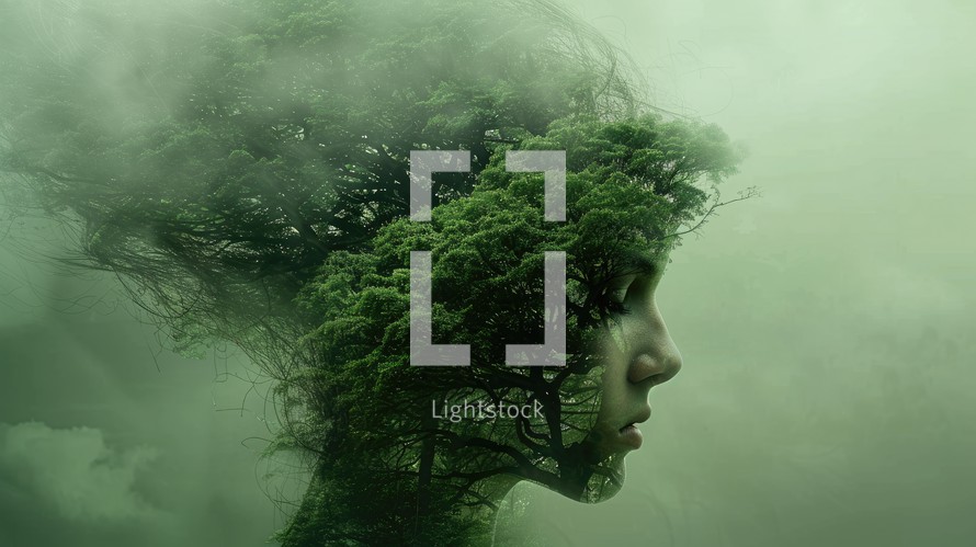 Environmental awareness. Conceptual image of a female head with green forest in the background, double exposure.