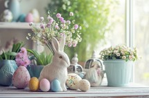 An adorable white rabbit perches on top of a table amidst a beautiful arrangement of flowers