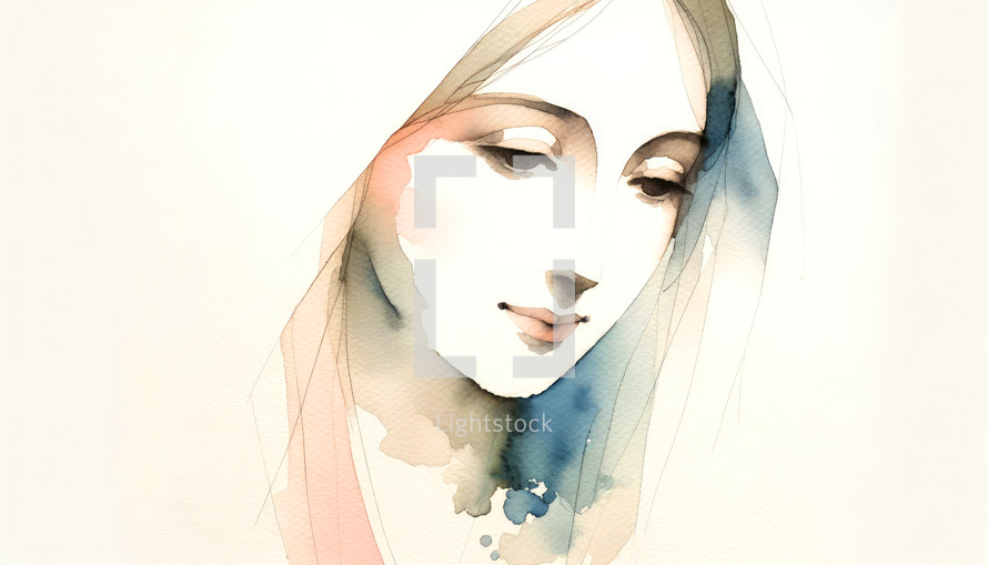 Watercolor art portrait of Mother Mary in a minimalist style