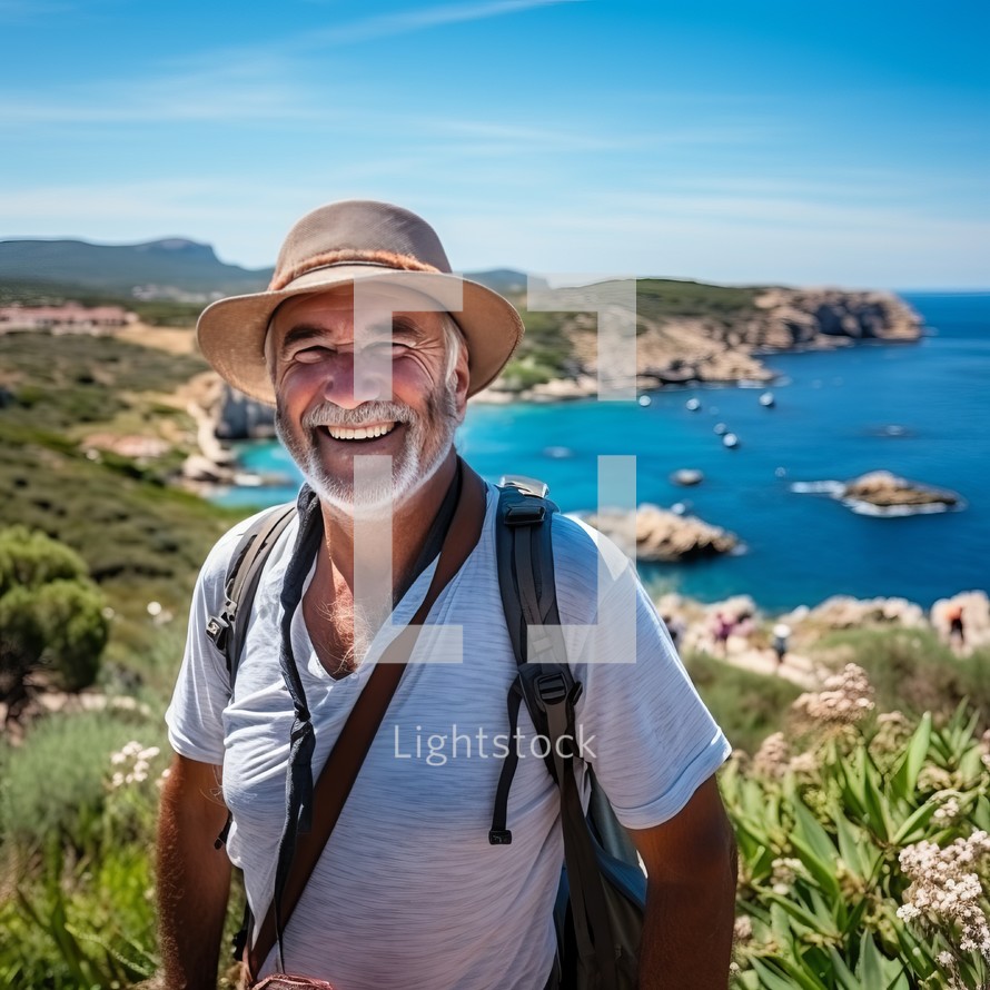 A 60-year-old American traveler stands in awe, taking in the breathtaking scenery of the picturesque island of Sardinia