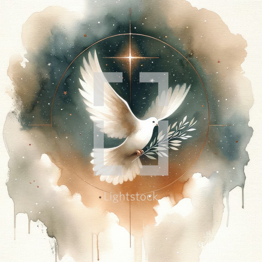 Dove of peace on the background of the night sky with stars. Watercolor illustration