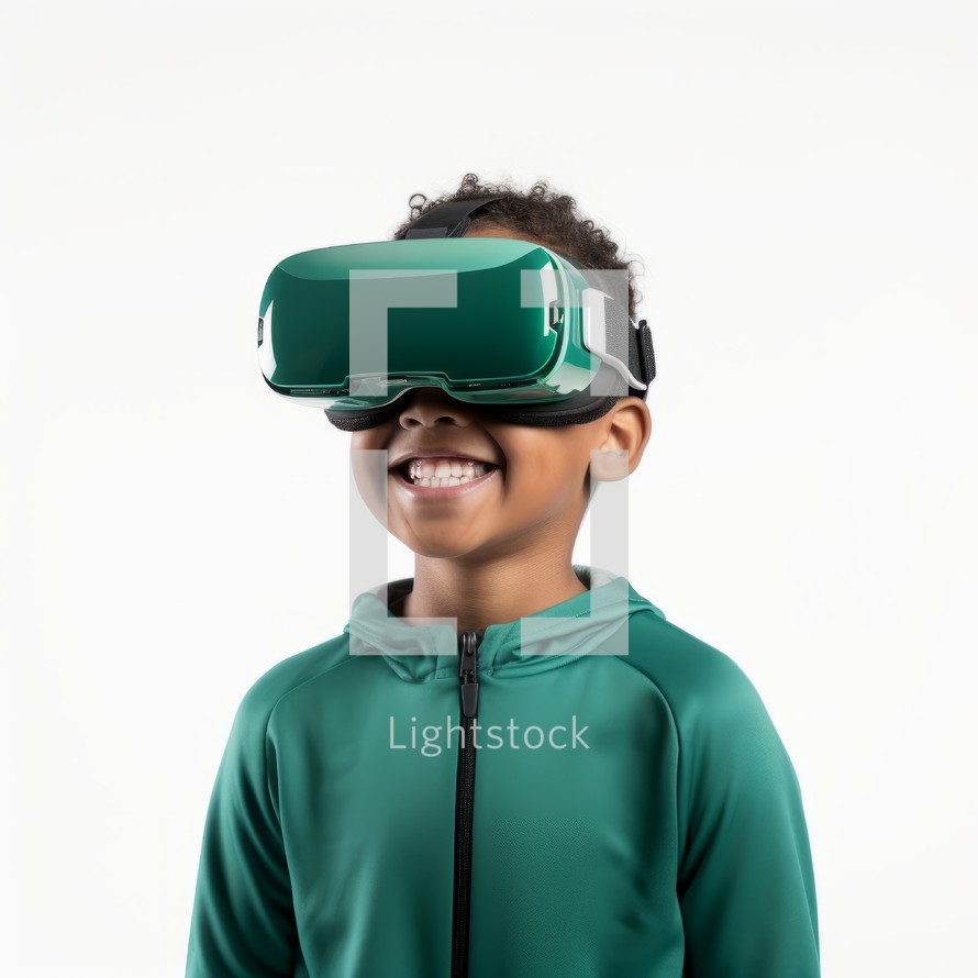 Smiling 9-year-old black boy wearing a VR mask