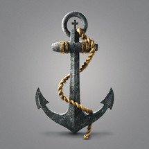 An old anchor with rope and cross symbol on top.