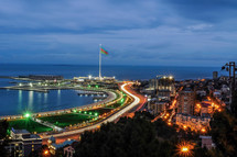 The city of Baku, Azerbaijan shoreline at night