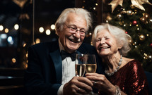 An elderly сaucasian couple toasting with champagne glasses indoors