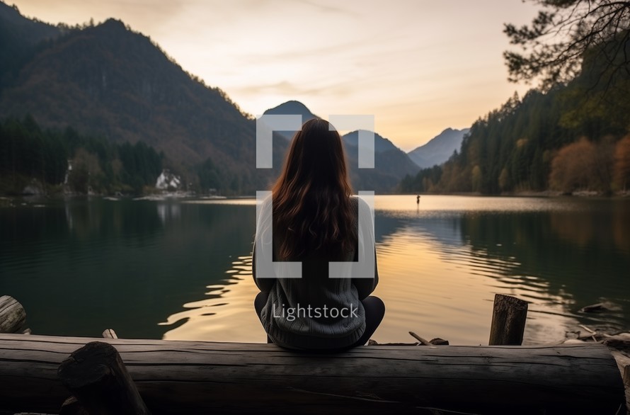 Close up of a caucasian woman sitting lakeside on a log at dusk, reflecting on the calm waters