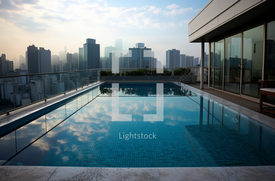 Luxurious rooftop infinity pool overlooking a bustling cityscape at dusk