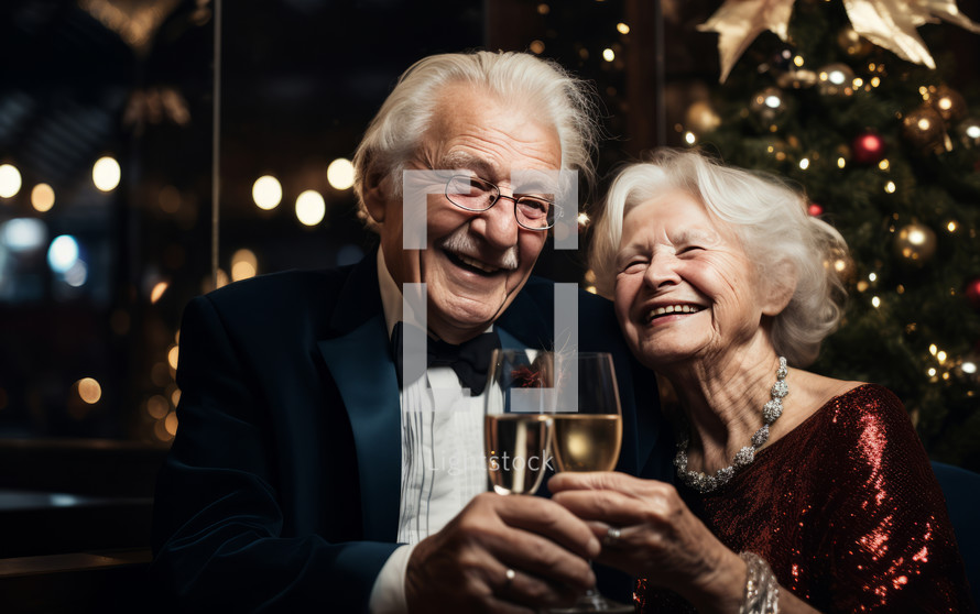 An elderly сaucasian couple toasting with champagne glasses indoors
