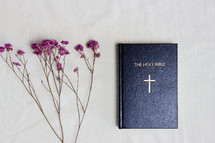pink flowers and Bible 