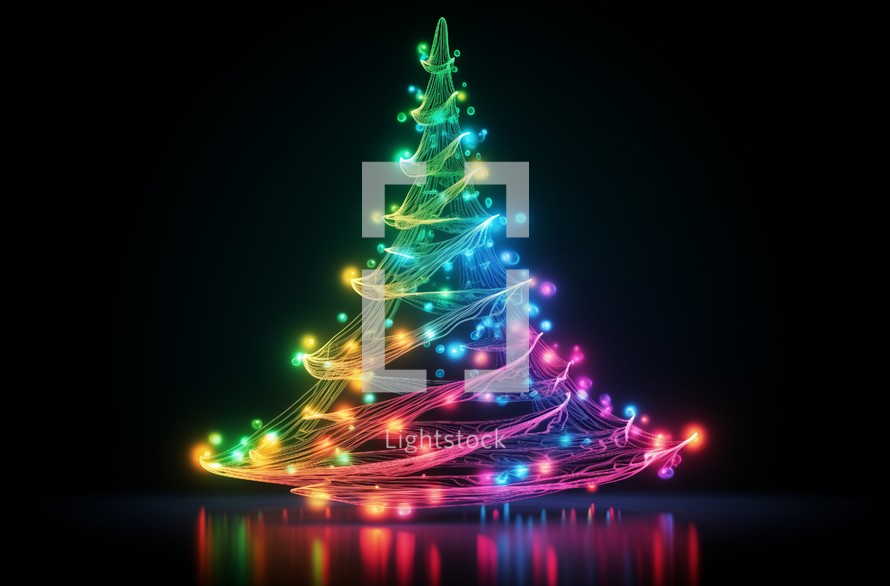 Close up of a colorful neon Christmas tree with dynamic light effects on a dark background