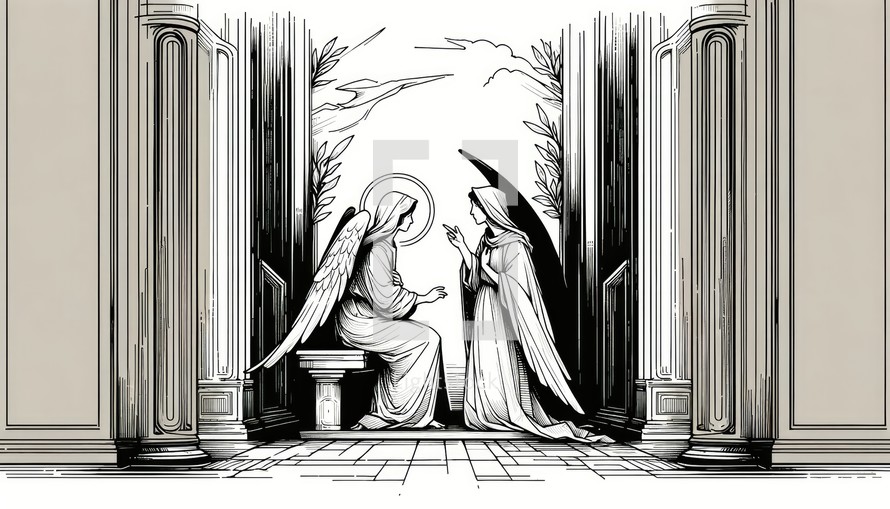 The Annunciation to Mary. Life of Christ. Black and white Line Art Biblical Illustration