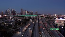 Cinematic Los Angeles Downtown Aerial. Nighttime Aerial Shot of Downtown Los Angeles. 