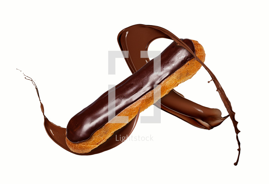 Chocolate Eclair with splashes on white background