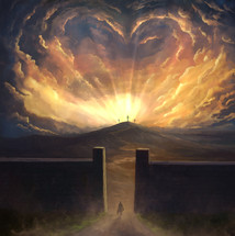 Digital painting of bright sunlight and heart shaped clouds over the crosses