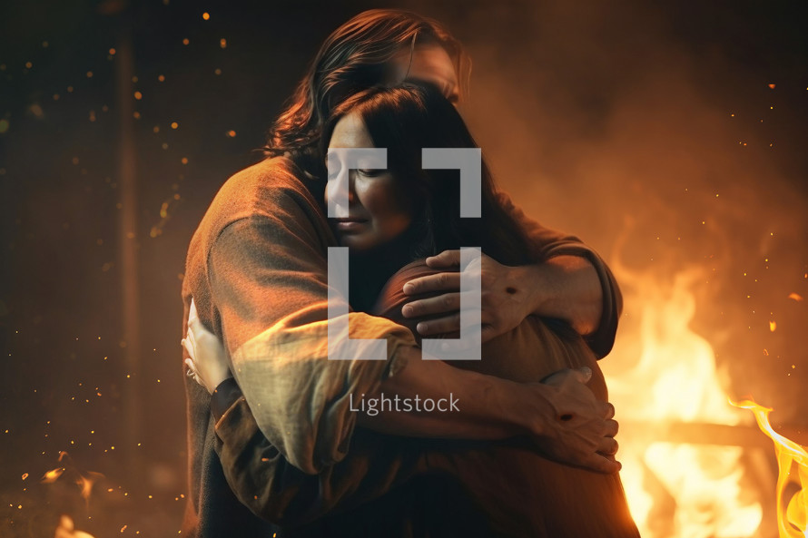 Jesus hugs woman tightly in a fire.