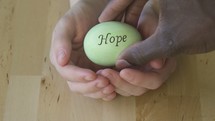 cupped hands holding an egg with the word hope on it 