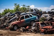 Heap of crushed cars stacked in salvage yard