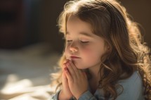 A 7-year-old girl with curly hair and closed eyes is seen with hands together in prayer