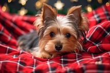 A small Silky Terrier lying on a red and black plaid Christmas blanket