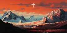 Mountain landscape with cross in the sky. 3D illustration.