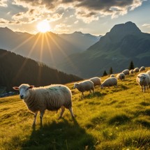 White biblical sheep graze in alpine meadows at dawn