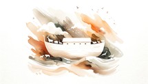 Noah's Ark. Watercolor painting with silhouettes of animals