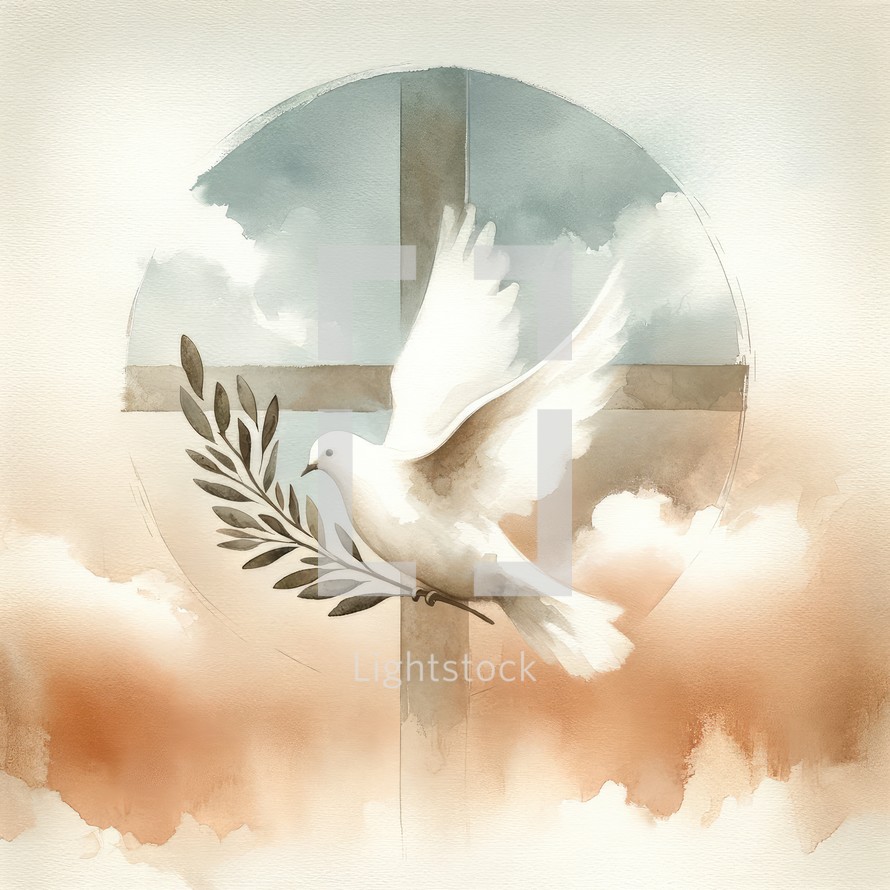 White dove with olive branch on the background of the Christian cross.