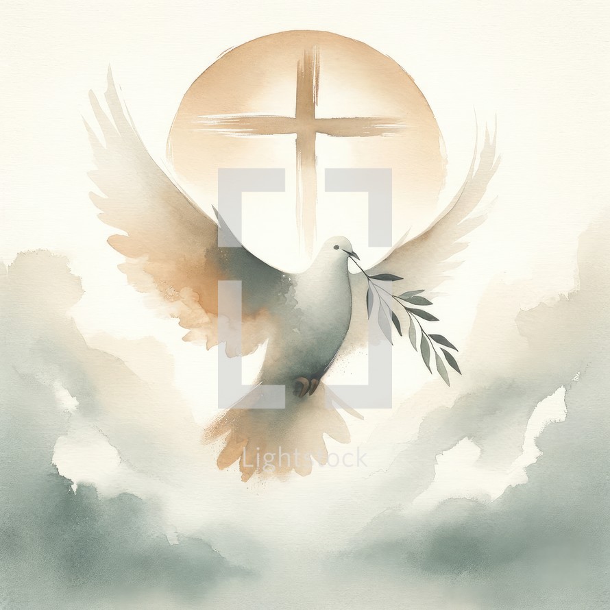  Watercolor illustration of a Christian cross with a dove of peace.