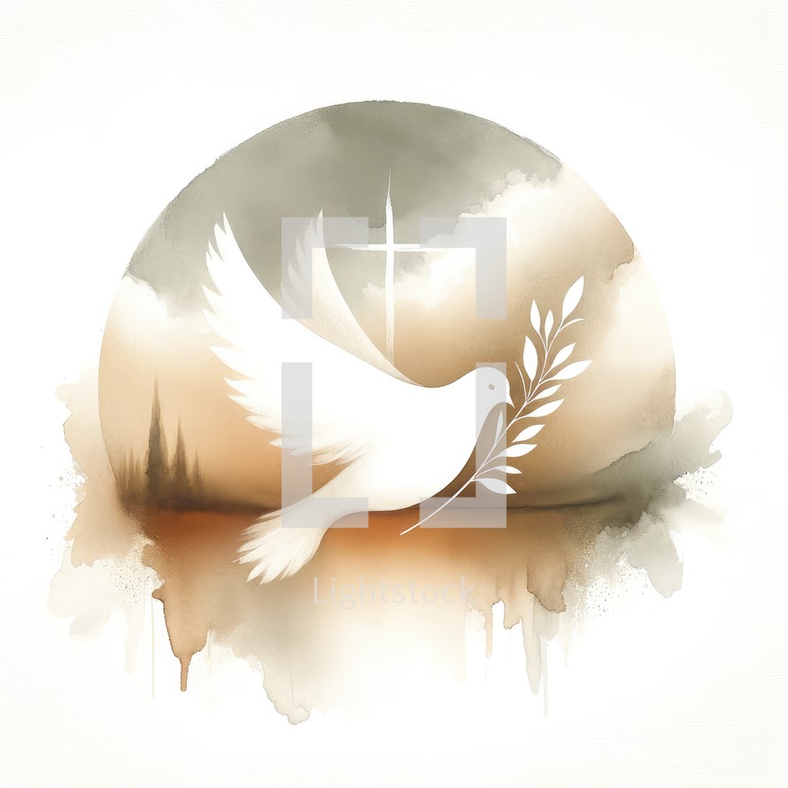 Praying dove with olive branch on the background of the cross. Watercolor illustration