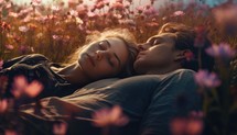 Beautiful young couple in love lying on the blooming meadow