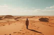 A solitary figure traverses the vast expanse of rolling dunes under a clear sky in the tranquil solitude of the desert.