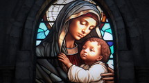 Wide shot of a beautiful, dimly back-lit stained glass window of Mary and Baby Jesus with snow just starting to fall. Stained glass was generated with AI and composited into a 3D CGI scene.