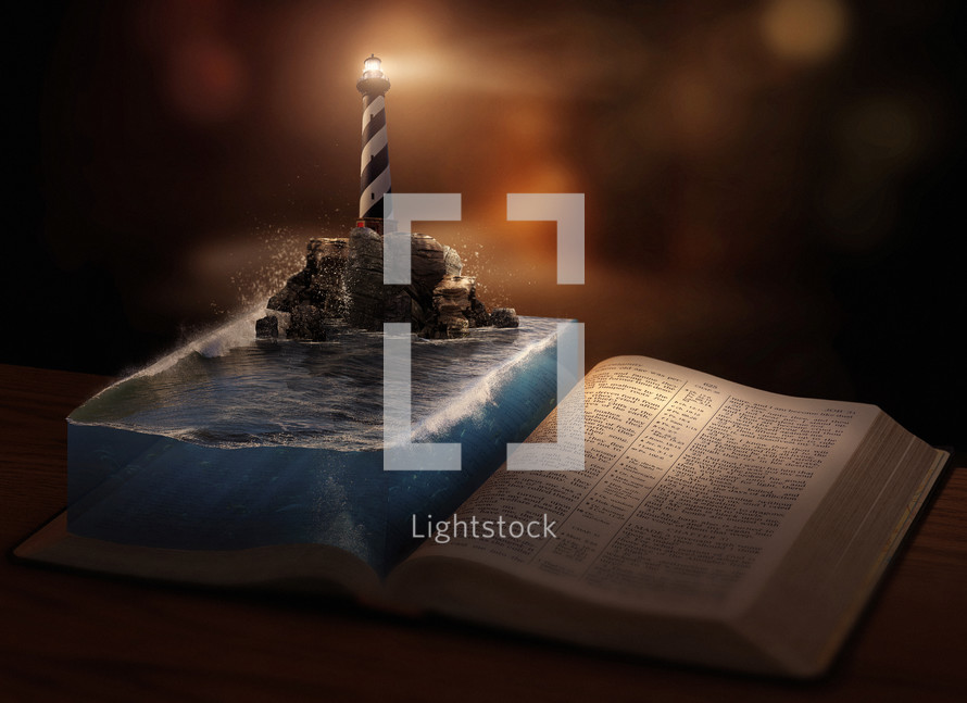lighthouse beacon on the pages of a Bible 