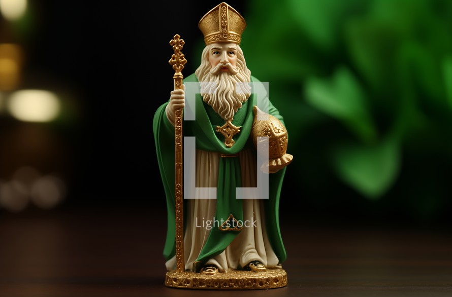 A figurine of Saint Patrick with intricate golden details against a blurred green background, symbolizing Irish heritage