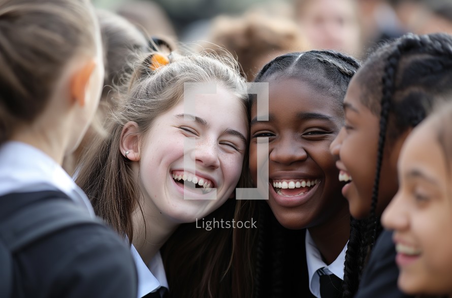 A group of young students in uniform laugh together in a British school, moments of joy and friendship