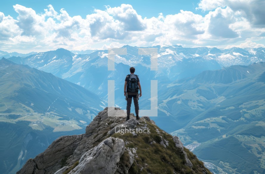 A lone hiker stands at the mountain summit, gazing into the expansive view of towering peaks and valleys, embodying the spirit of adventure and exploration