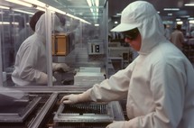 Technicians in cleanroom suits process semiconductor wafers during the production process at a high tech enterprise