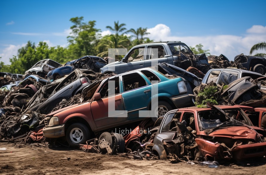 Heap of crushed cars stacked in salvage yard